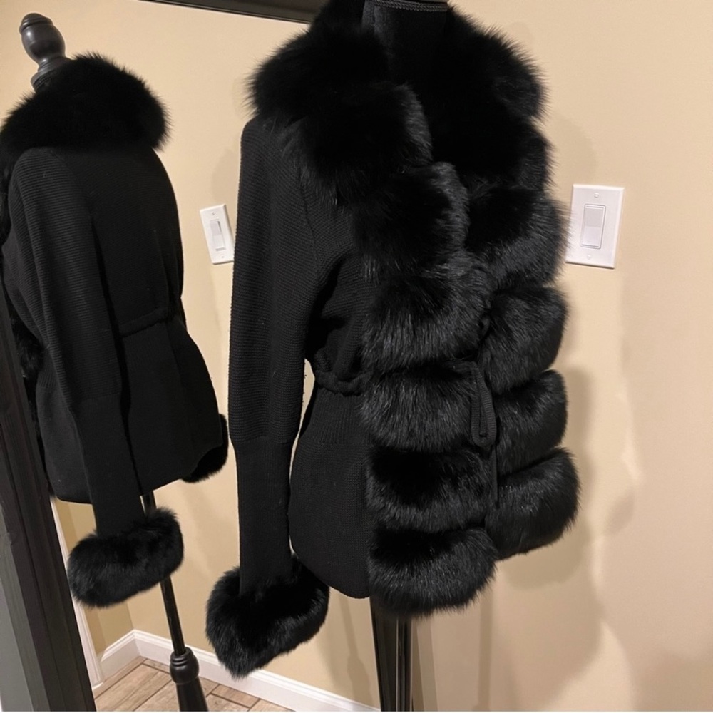 Genuine Fox Fur Cardigan Real Fur Wool Cardigan Trench Parka Jacket Cape Blazer - Picture 3 of 12